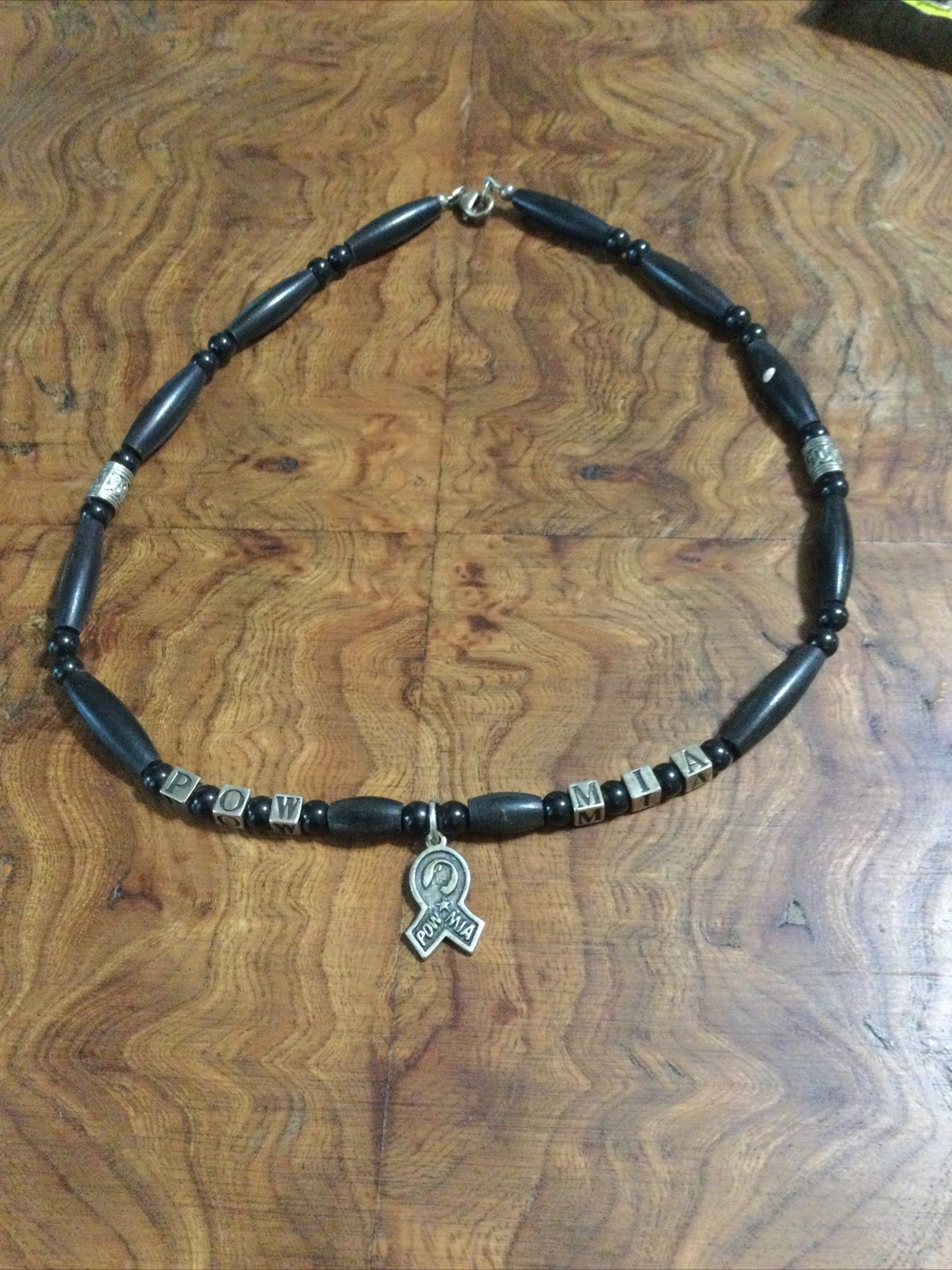 Sterling Silver Ribbon Pendant Wood Black Onyx POW MIA Artisan Necklace 925