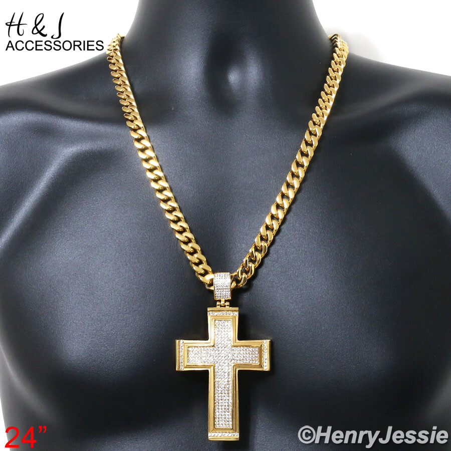 18″-40″Stainless Steel 9mm Gold Plated Cuban Chain BIG ICY CZ Cross Pendant*IP20