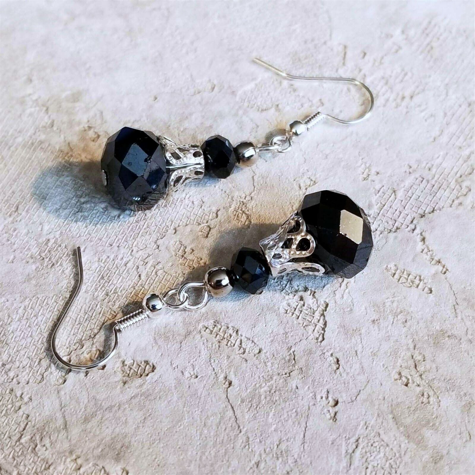 Victorian Black Crystal Silver Filigree Basket Handcrafted Earrings