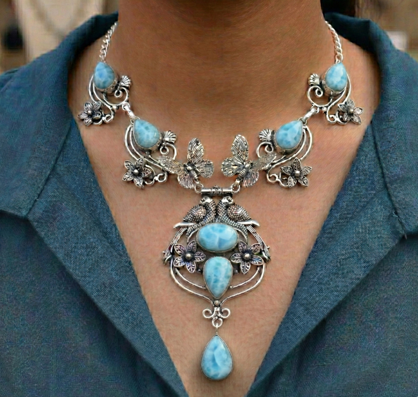 Blue Larimar Gemstone 925 Sterling Silver Vintage Jewelry Necklace Size- ADJ 18″