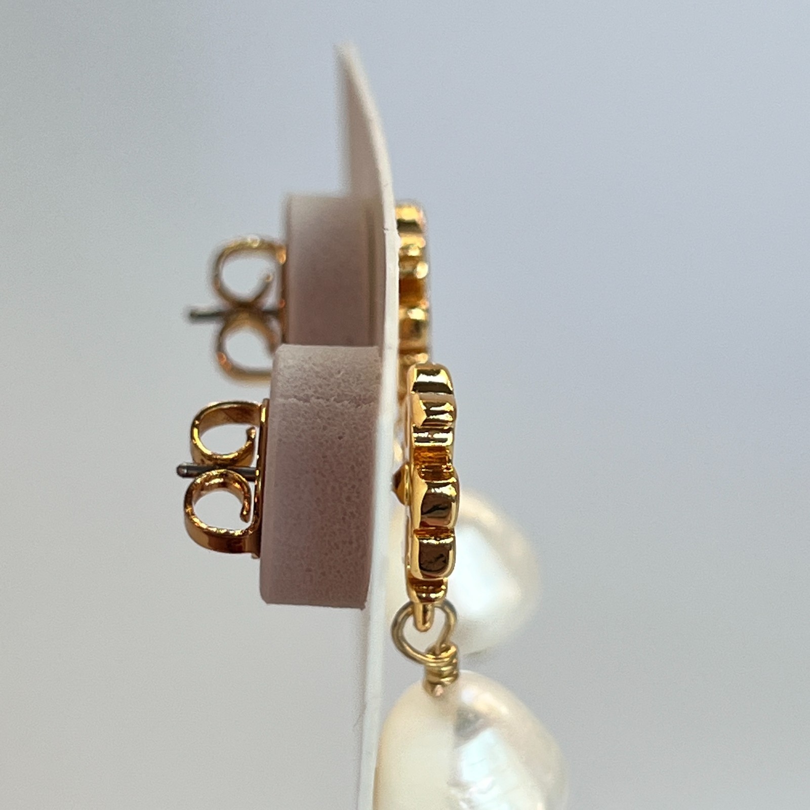 Tory Burch 18K Gold Double T Logo Stud Freshwater Pearl Drop Dangle Earrings NEW