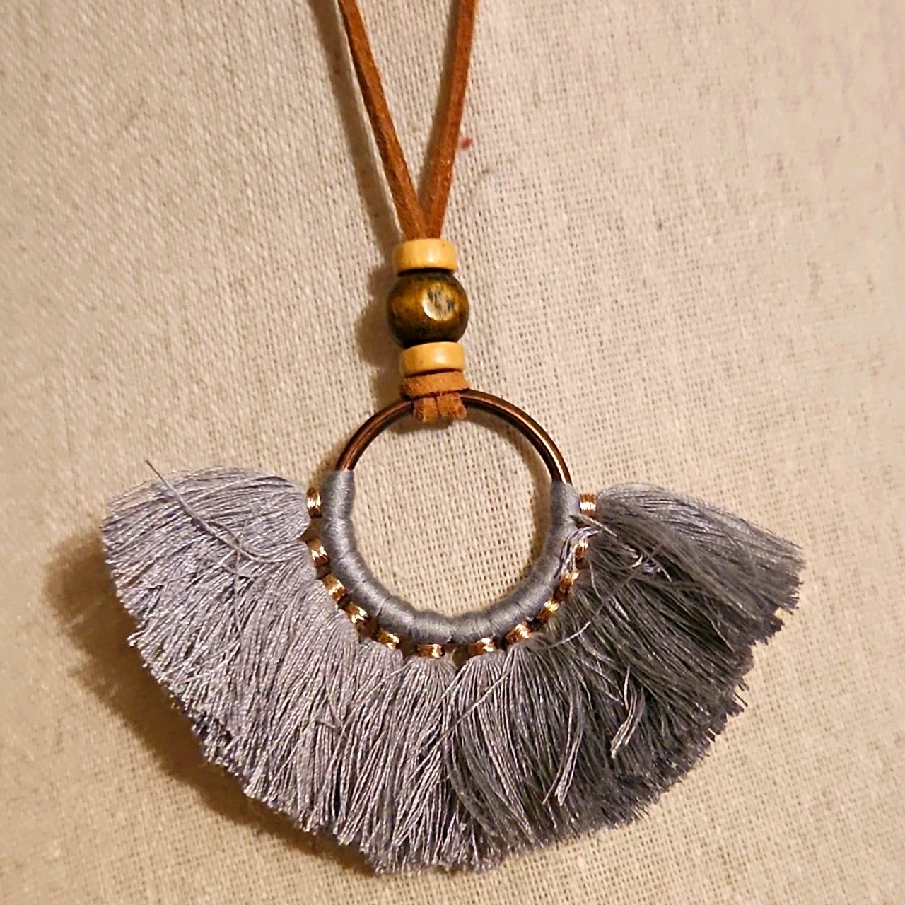 Gray Tassel Fringe Round Ring Pendant Necklace Faux Leather Brown Cord