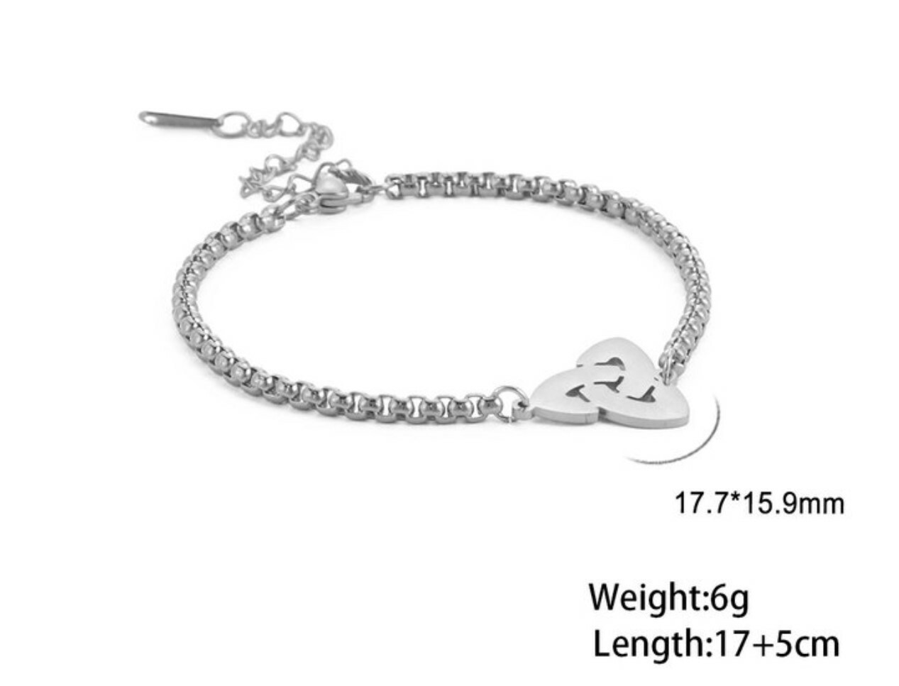 Stainless Steel Trinity Single Charm bracelet 7-9 inch incl 2 in extender