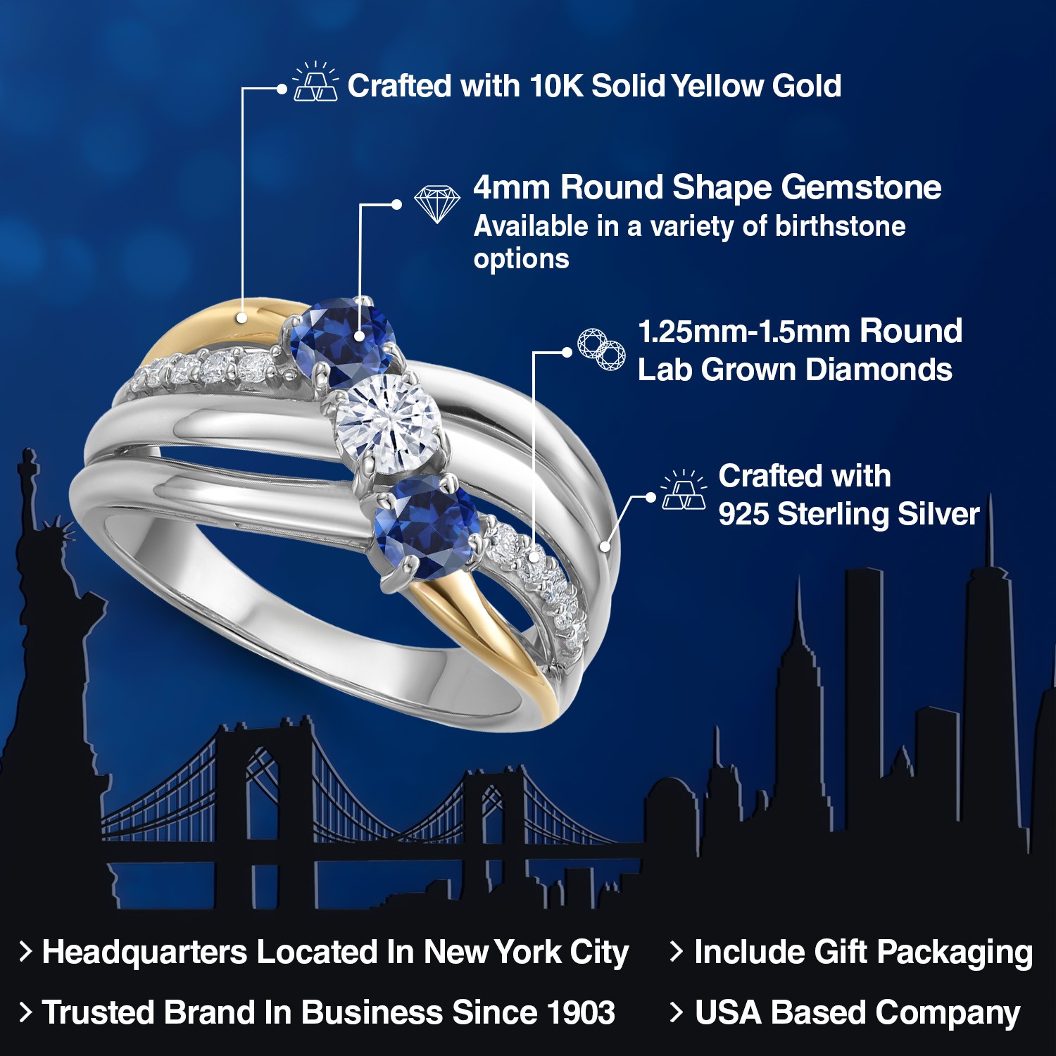 925 Silver and 10K Yellow Gold Created Sapphire and Moissanite and Lab Grown