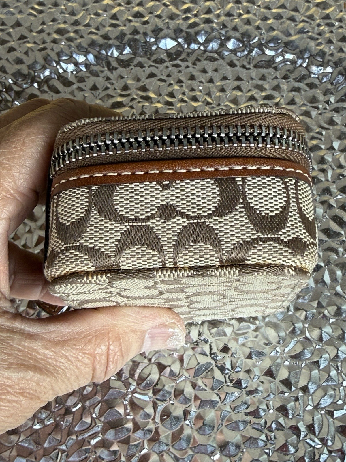 Coach Signature Logo Canvas Leather Travel Jewelry Case Zip-Around Brown Beige