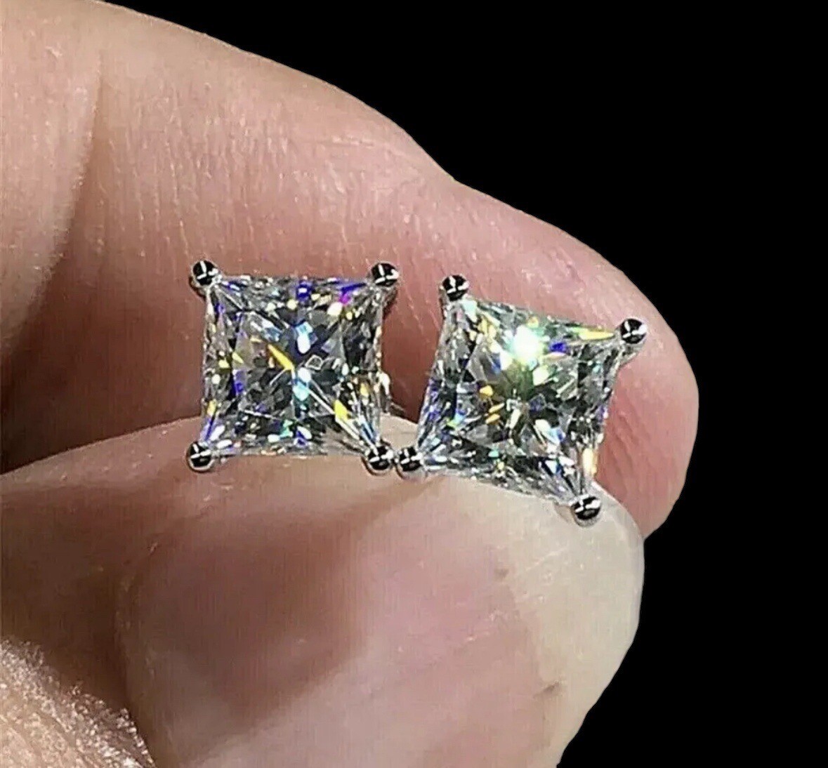2 Ct Princess Cut VVS1/D Lab Created Stud Earrings 14k White Gold 6mm Push Back