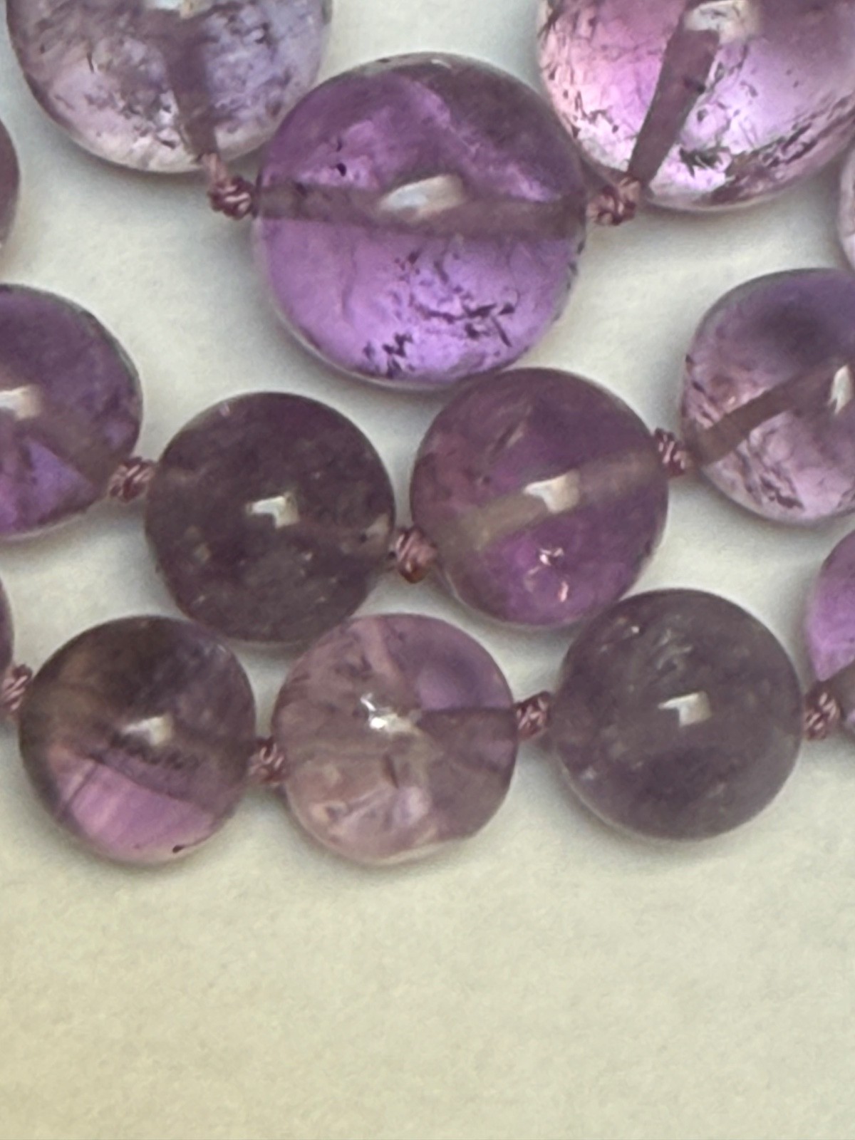 Hand polished amethyst 41 beaded graduated knotted 21.5” necklace