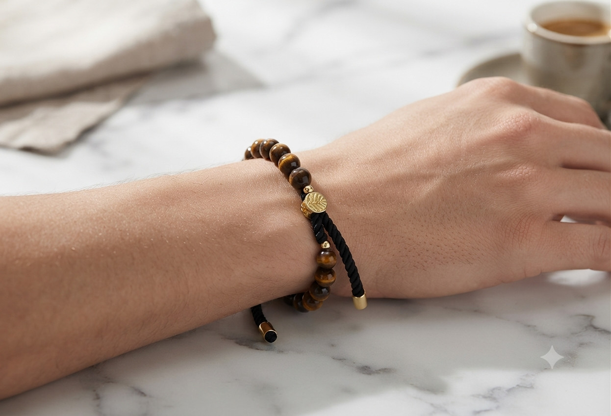 Natural Tiger Eye Gemstone String Bracelet 18K Gold Plated