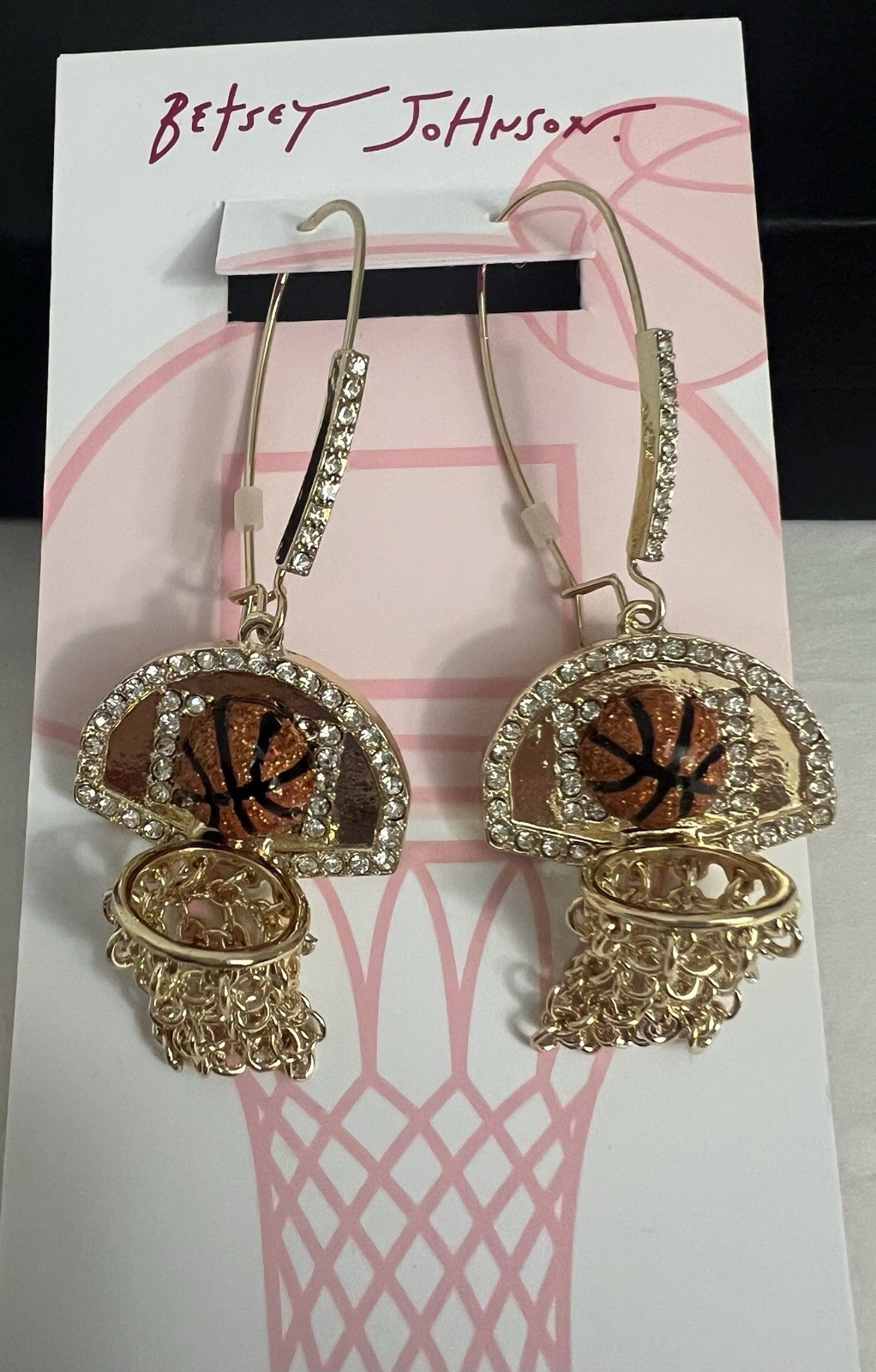 Betsey Johnson Earrings Nothing But Net Basketballs Gold Tone Chains Hooks NWT