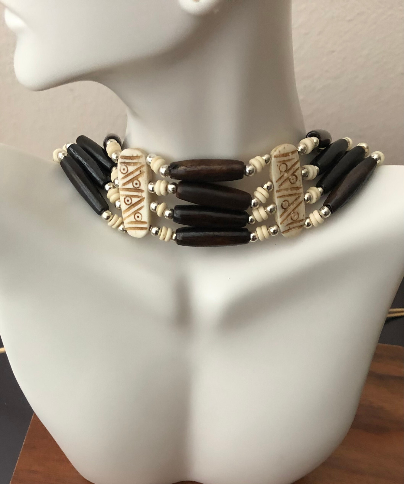 Native American Buffalo Bone Hairpipe Tribal Choker Traditional 4 Row Necklace