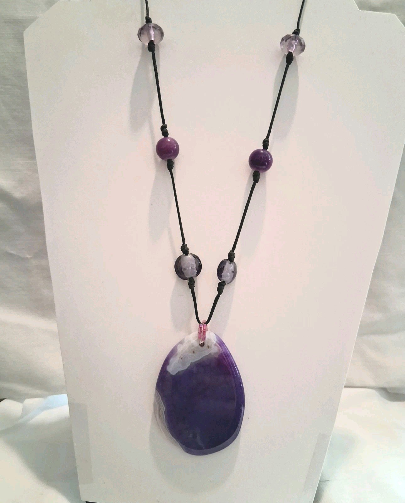 Purple Agate Oval Charm Pendant Beaded Cord Necklace, Purple/White Stone