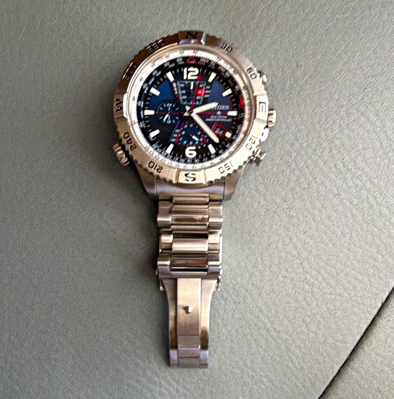 Citizen Eco-Drive Atomic Chronograph Blue Dial 48mm Box Papers. AT8220-55L