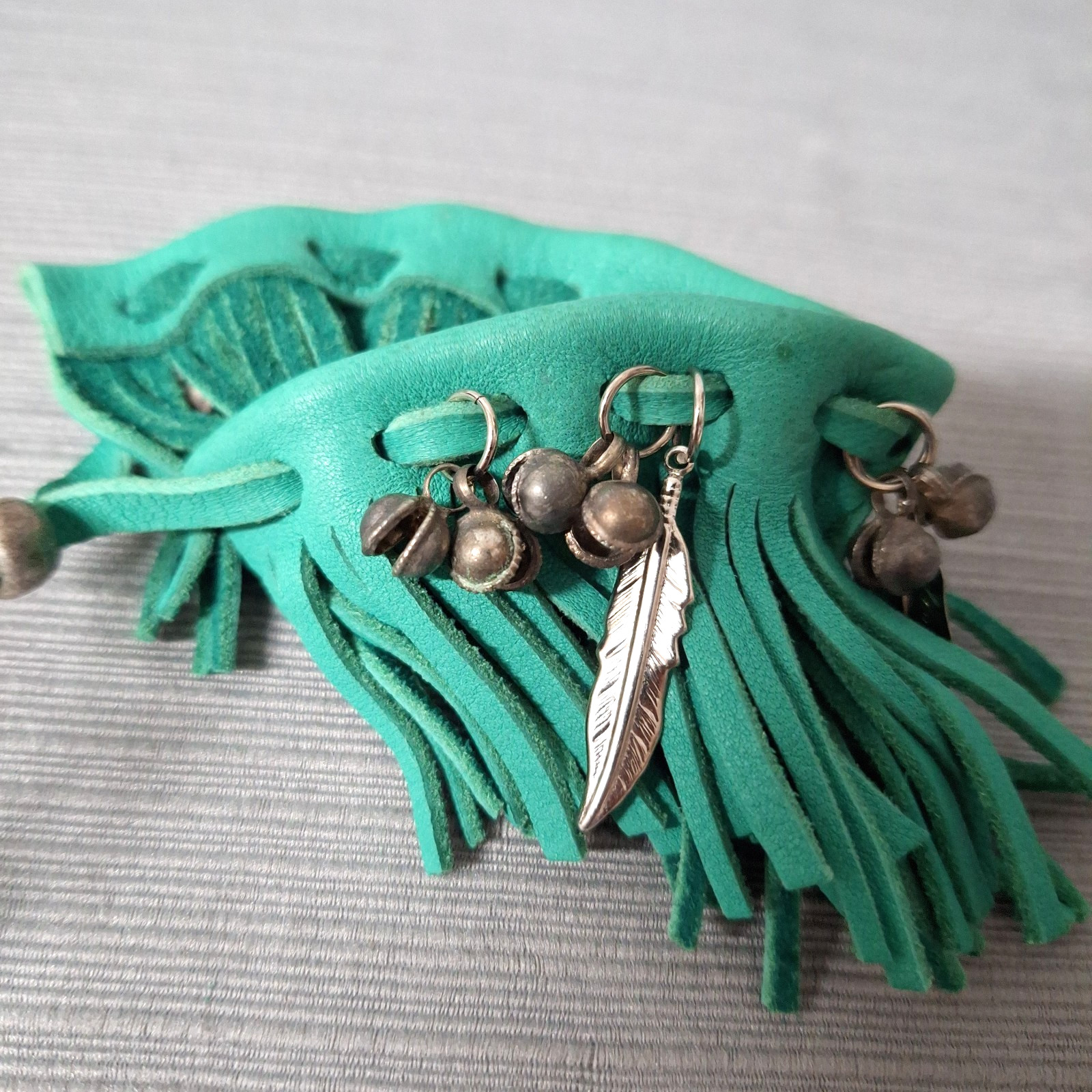 Pair of Faux Leather Bracelet Green Fringe Cuffs Bell Feather Bead Boho Festival
