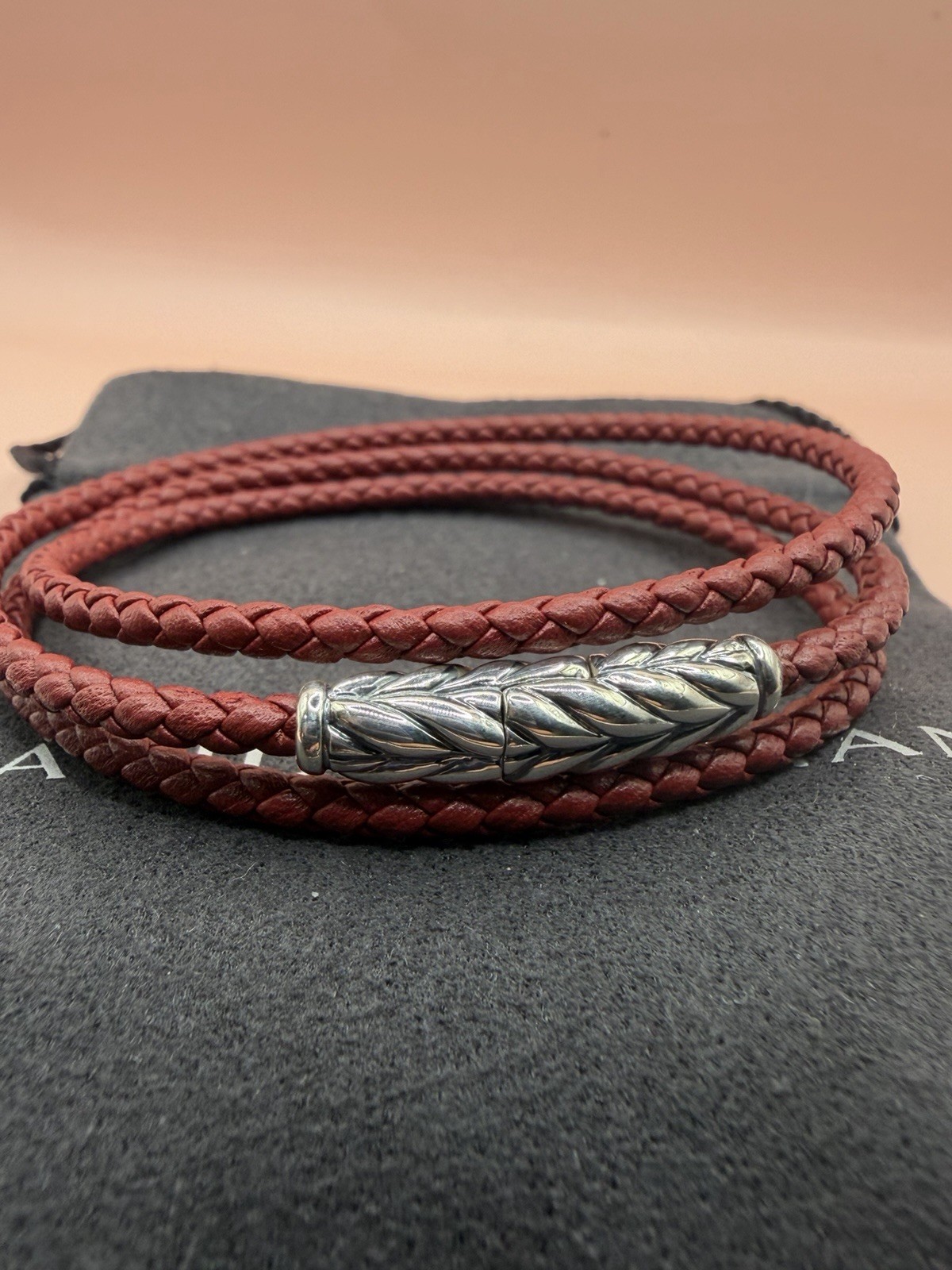 David Yurman Sterling Silver Leather Chevron Triple Red Wrap Bracelet Medium