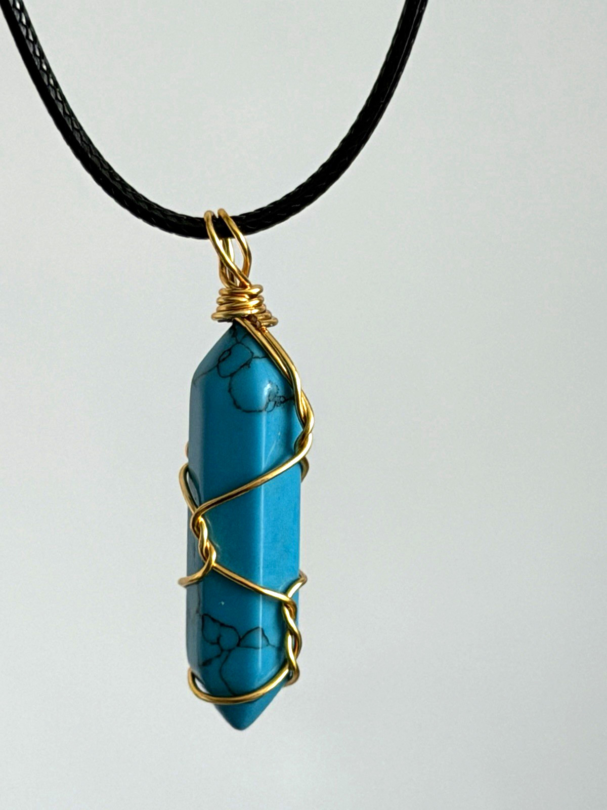 Handmade Turquoise Hexagon Point Wire Wrapped Pendant Necklace Black Cord Brass