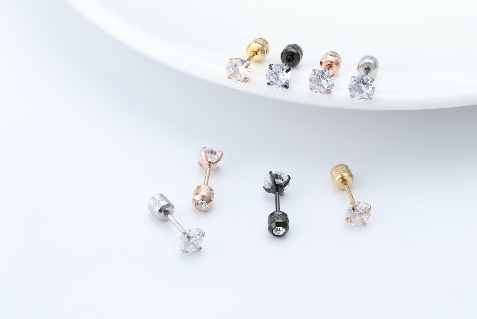 2PCS Silver Stainless Steel Round CZ Earrings Screw Back Ear Stud for Men Women