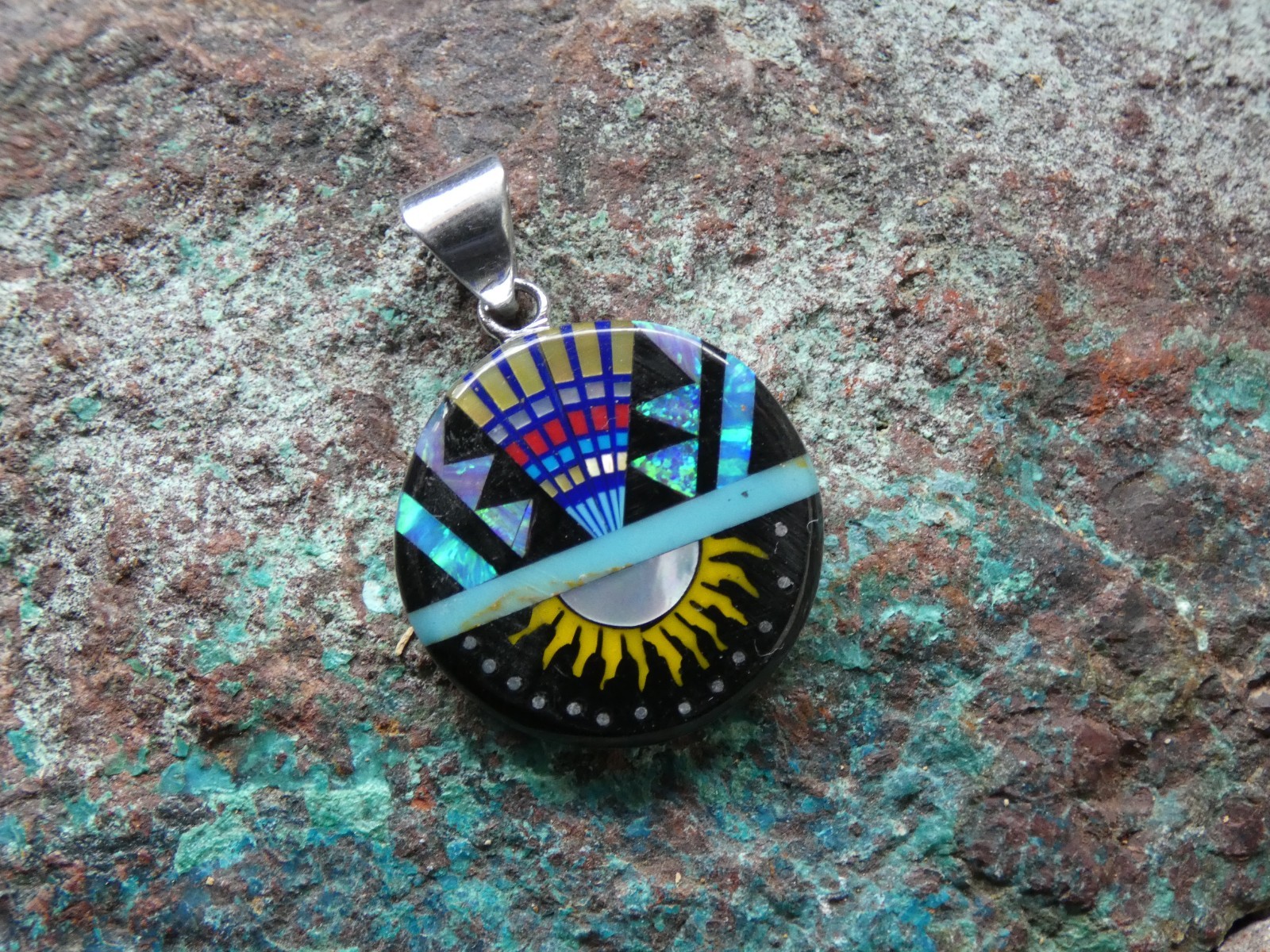 Southwestern Sun Multi Gemstone Opal Aluminum Sterling Silver Alloy Pendant AT1