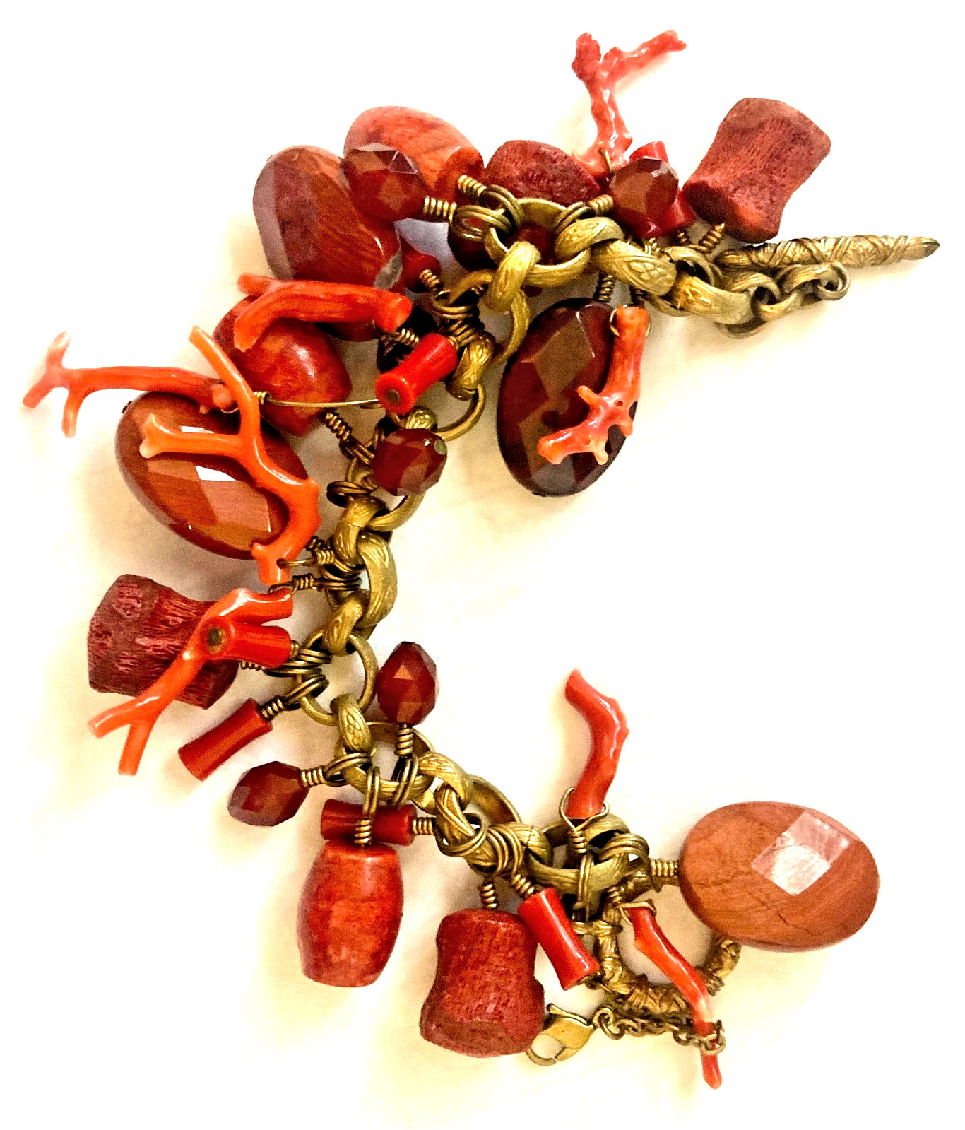 Vintage red coral charm bracelet-coral branches, bamboo, barrels & faceted beads