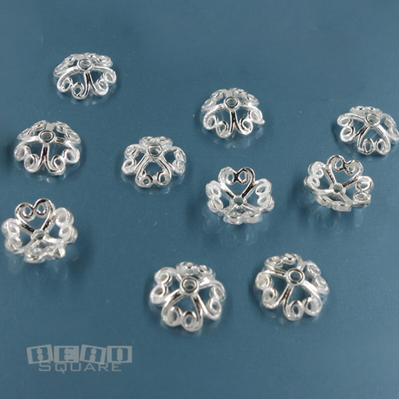 10 Solid Sterling Silver 7mm (7.6mm) Scroll Heart Floral Spacer Bead Caps #33870