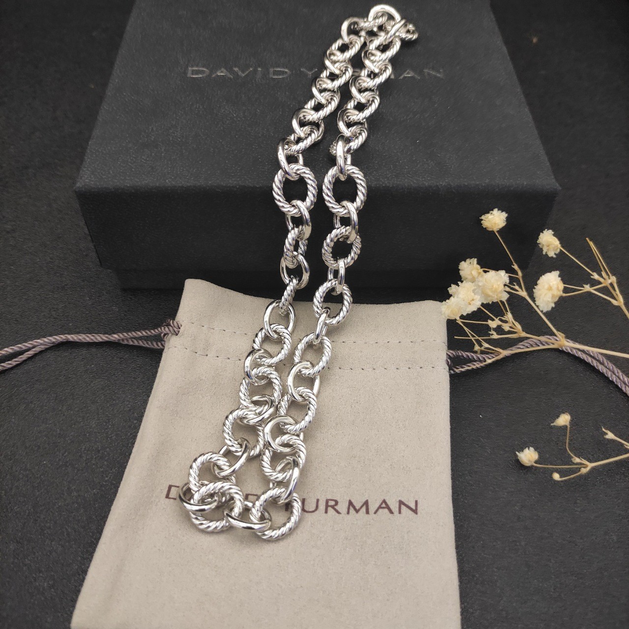 David Yurman 925 Sterling Silver Twisted Cable Large Link Statement Necklace 55