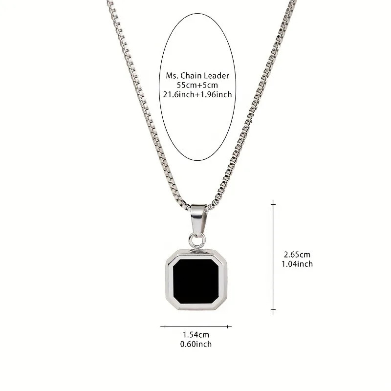 Square Pendant Necklace Stylish Black Geometric Pendant Stainless Steel Necklace