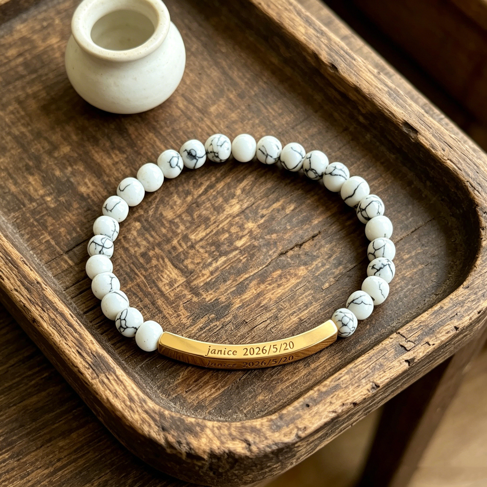Custom Engraved Howlite Bracelet Personalized Name Date Custom Memorial Bracelet