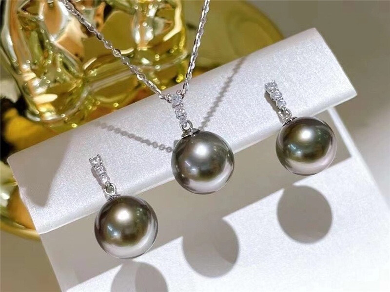 Gorgeous AAAAA 9-10mm South Sea Grey Round Pearl Pendant Earring Set 925s…