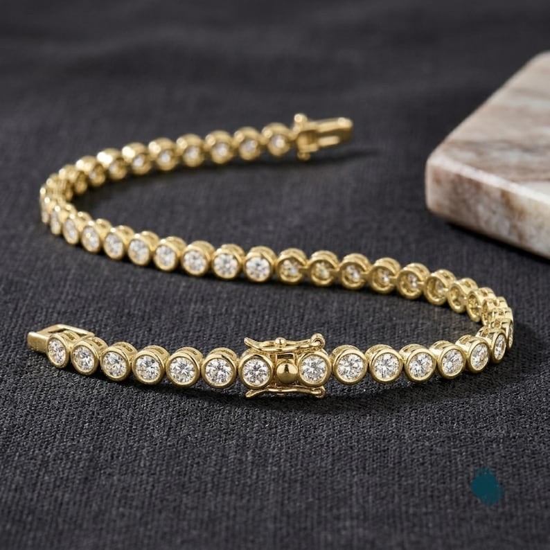3.0 MM Round Moissanite Bezel Set 14K Gold Tennis Bracelet For Women
