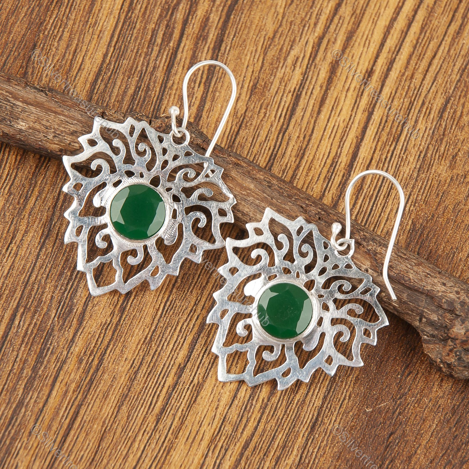 Round Green Onyx Gemstone 925 Silver New Sister Drop Anniversary Trendy Earrings