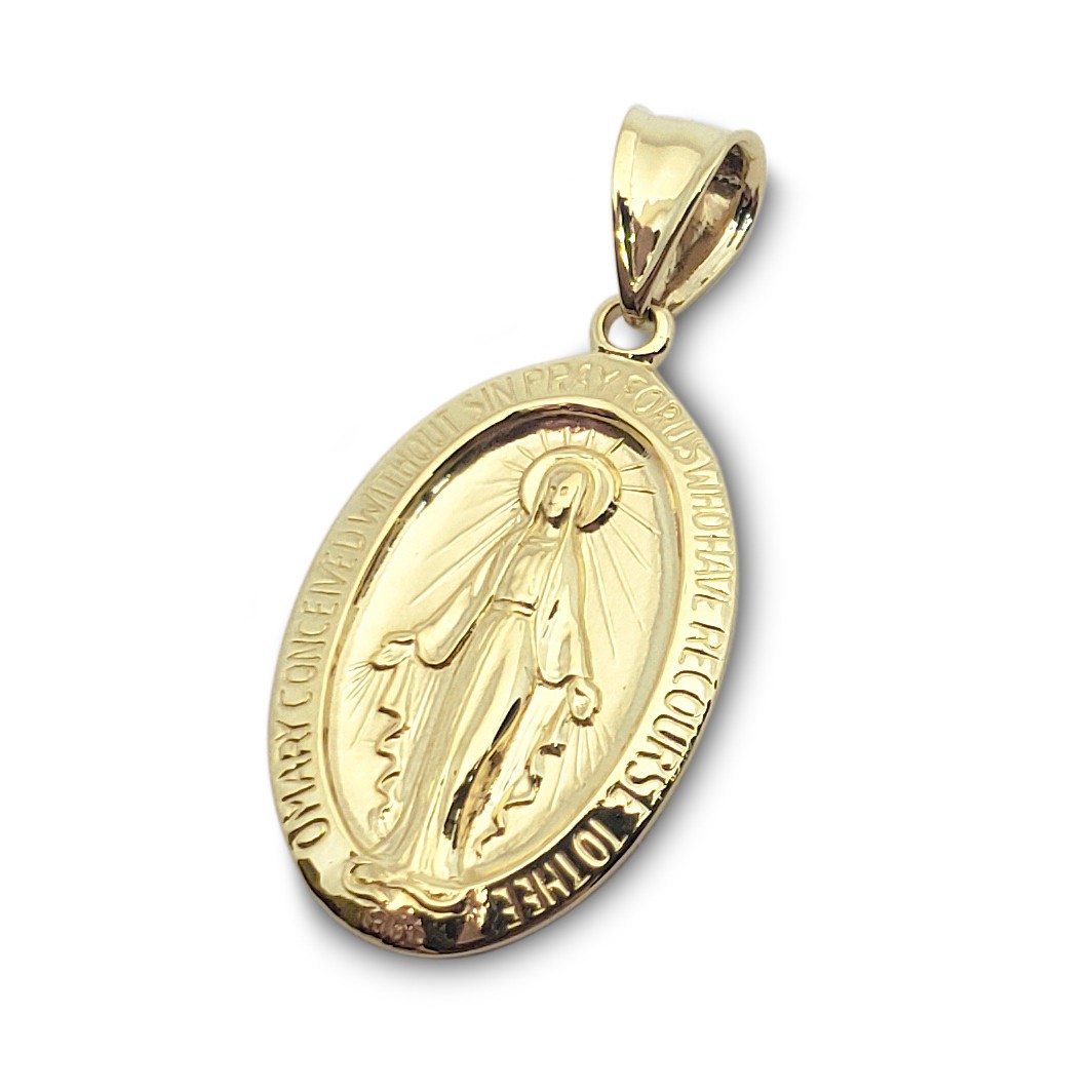 Solid 14K Yellow Gold Miraculous Medal Virgin Mary Pendant, 3/4″, Catholic