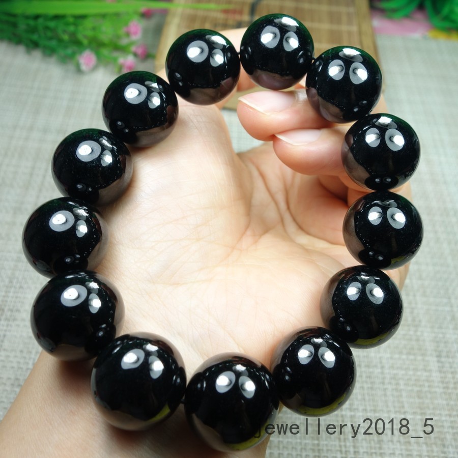 Certified Black Green Burma 100% natural A jadeite jade Bead Bracelets墨翠18mm圆珠手链