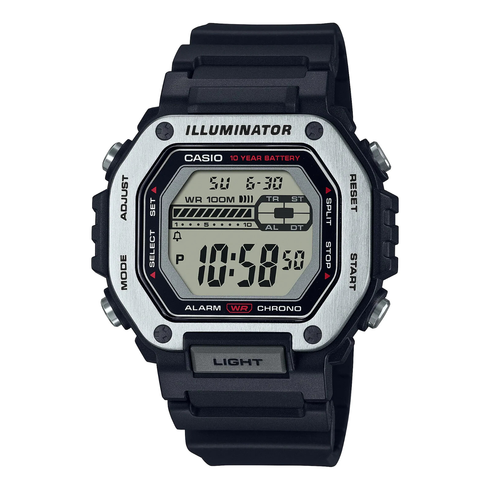 Casio MWD110H-1AV, 10 Year Battery Watch, 100 Meter WR, Black Resin, 5 Alarms