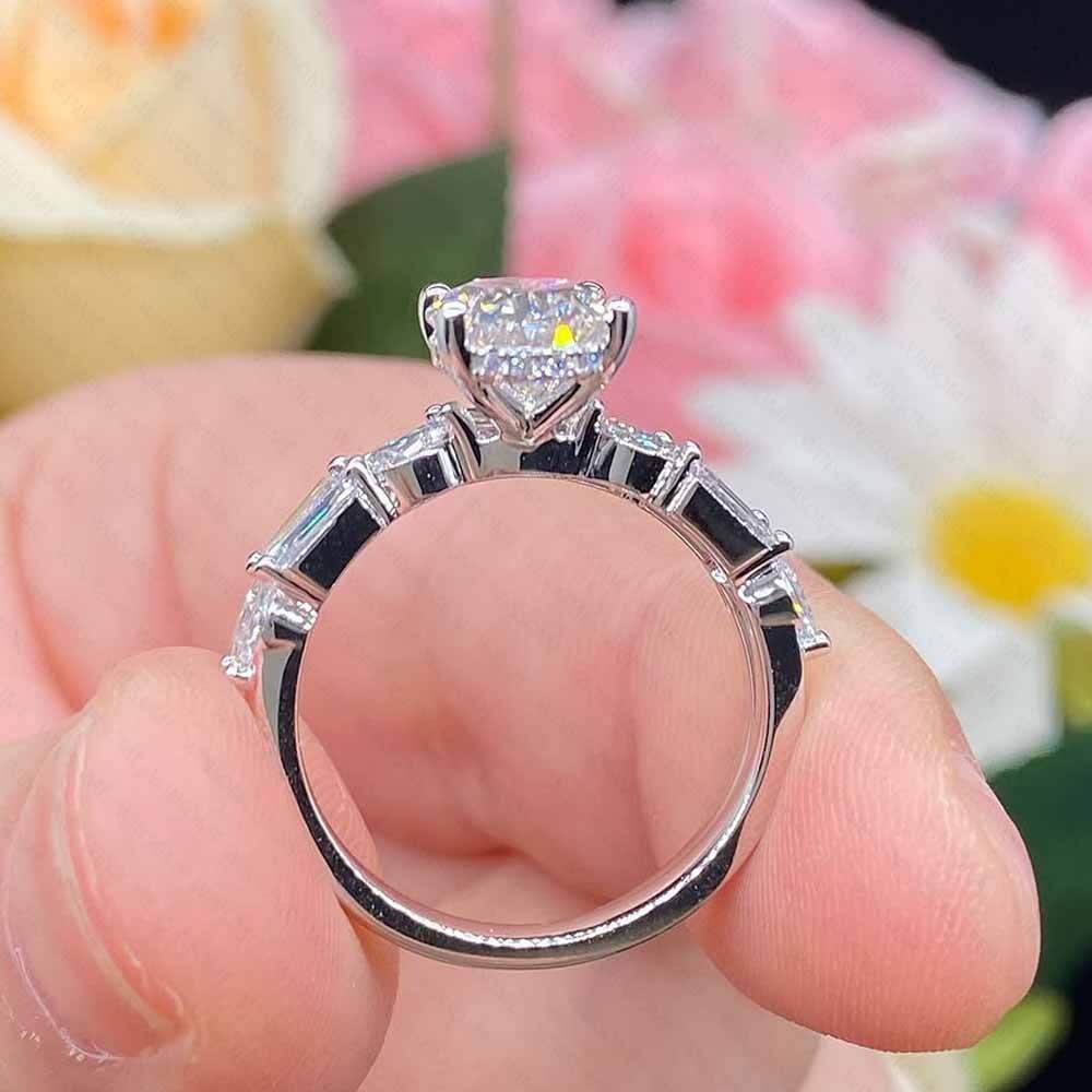 Moissanite Solitaire With Accents Ring with Matching Band 14K White Gold Plated