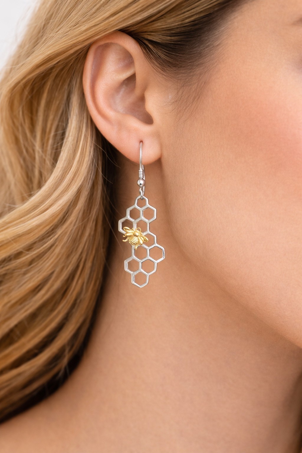 925 Sterling Silver Honeycomb Bee Drop Earring |Hexagon Geometric Dangle Jewelry
