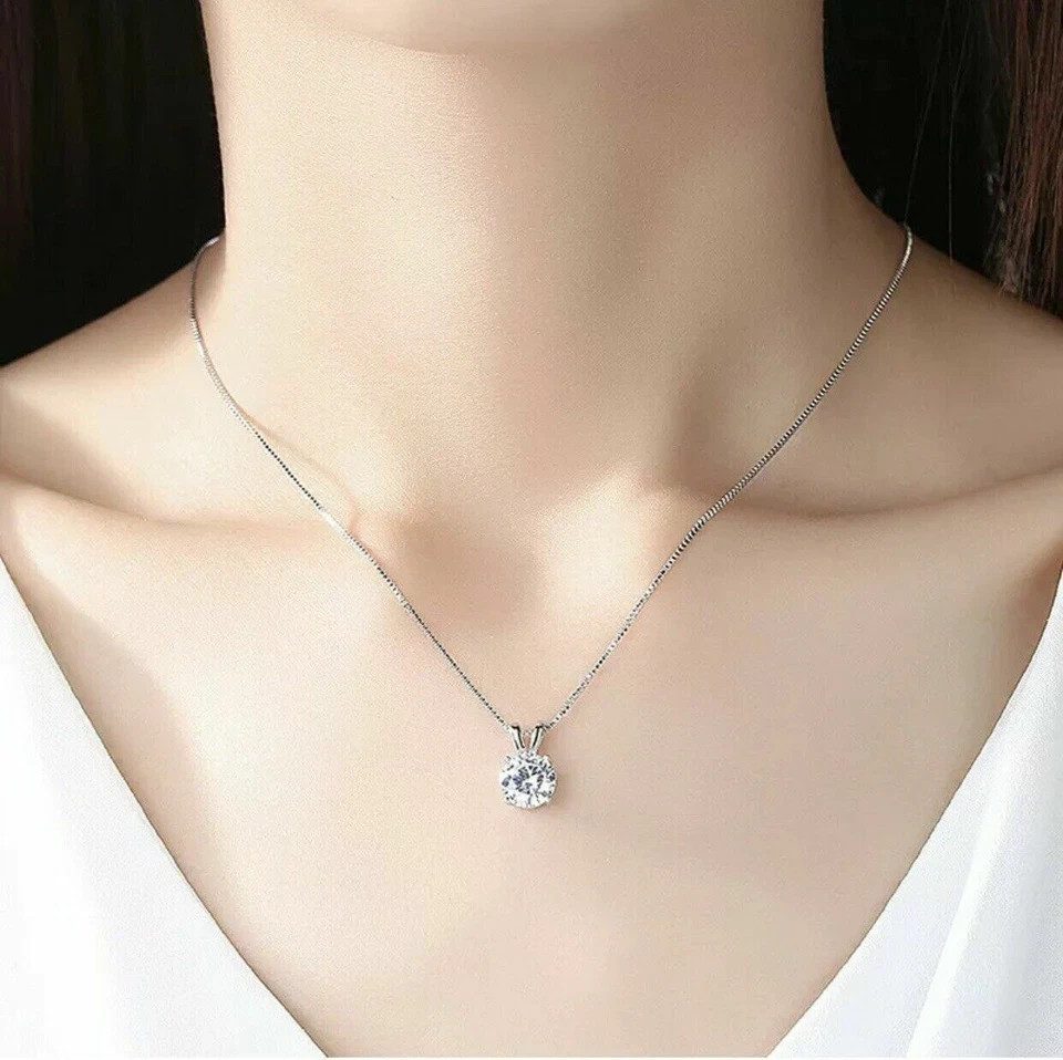 Sterling Silver 925 Round Cut 2Ct Cubic Zirconia Solitaire Pendant Necklance 18″