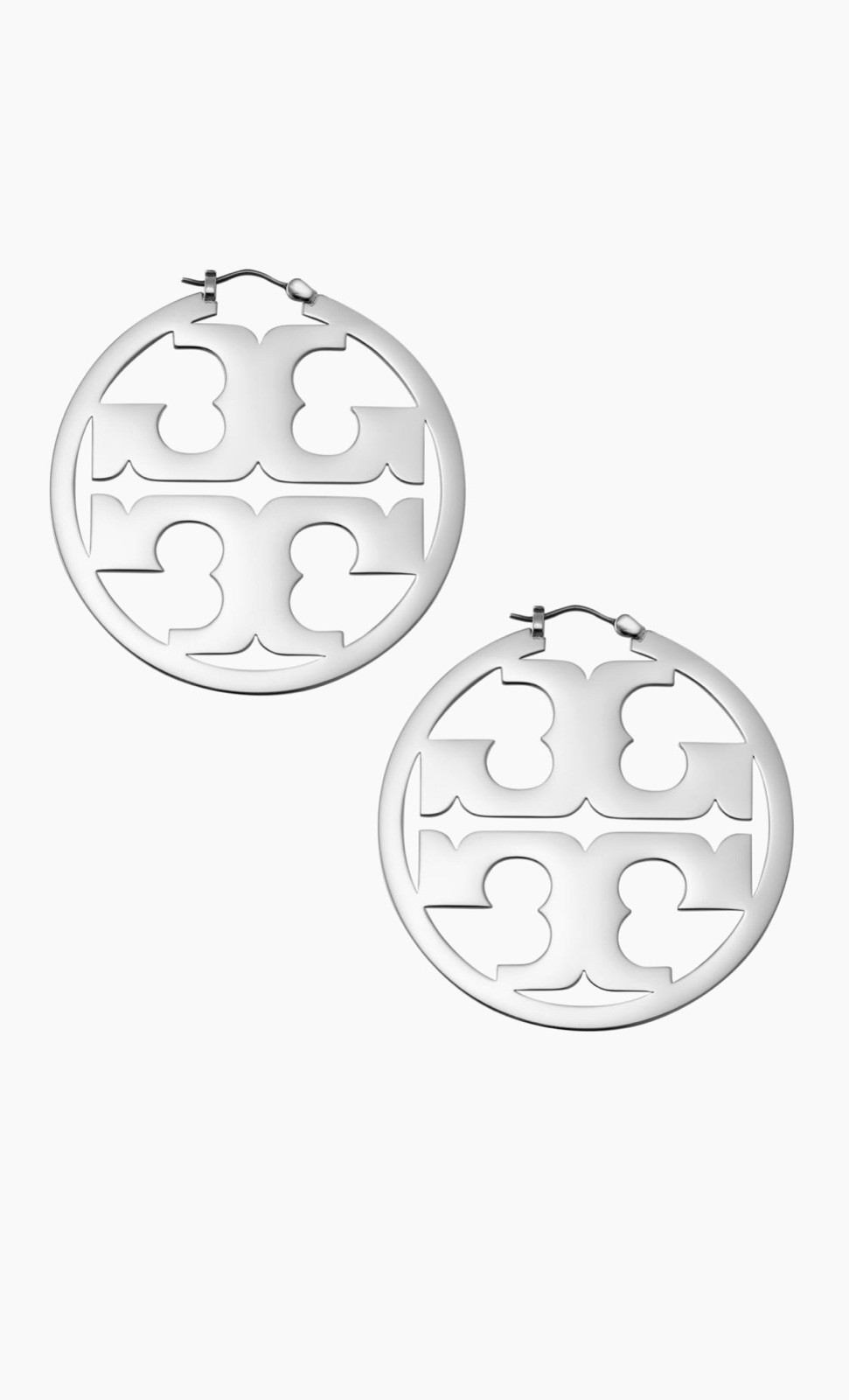 Tory Burch Silver Tone Cutout Logo Round Hoop Earrings Latch Back Closure