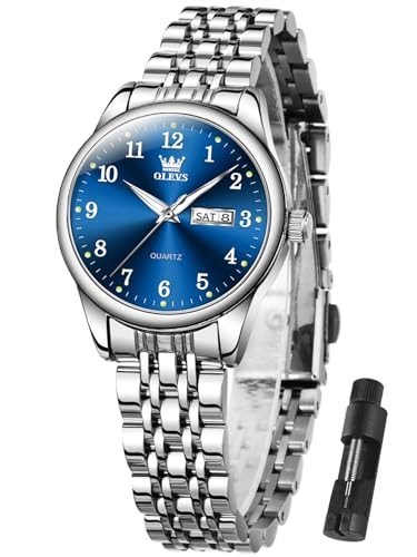 Women Watches Date and Day,Ladies Watches with Silver sliver band blue face