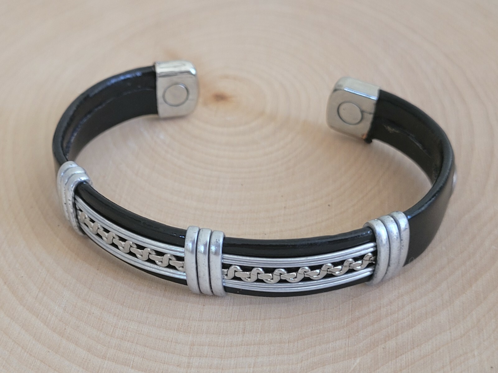 Solid Copper Leather Wrapped Magnetic Bracelet Energy Pain Silver Zig Zag
