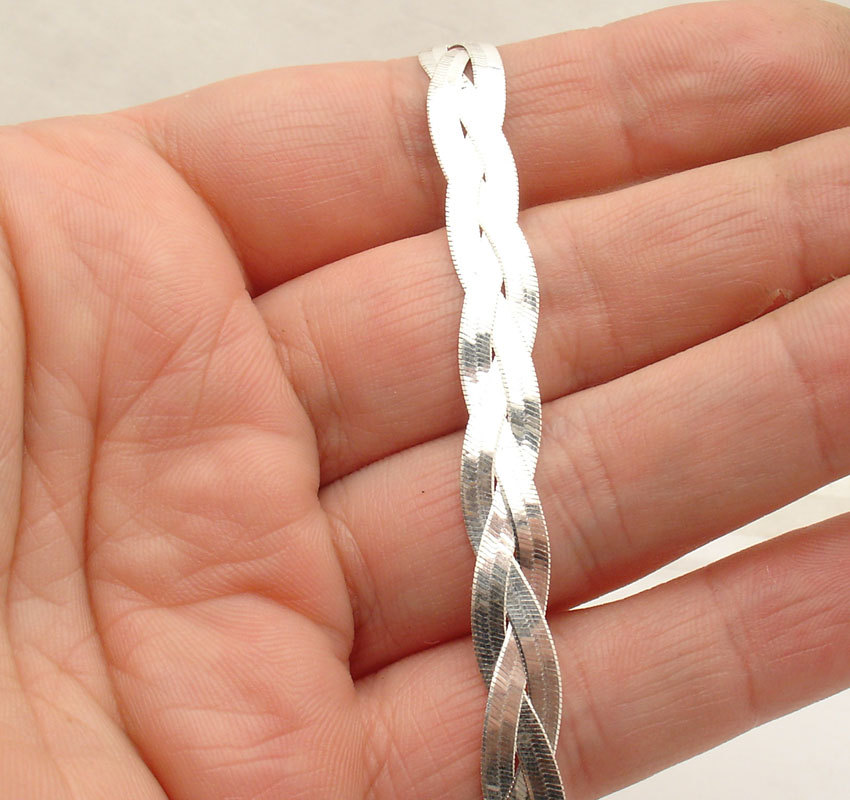 Reversible Triple Woven Herringbone Chain Necklace Solid Sterling Silver ITALY