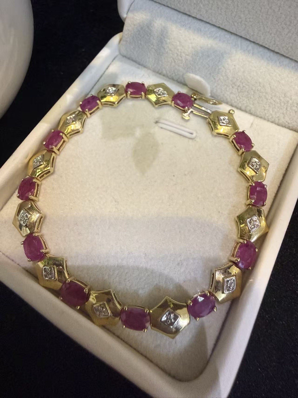 14K Gold Link Bracelet Natural Ruby with Accent Diamonds Fine Jewelry