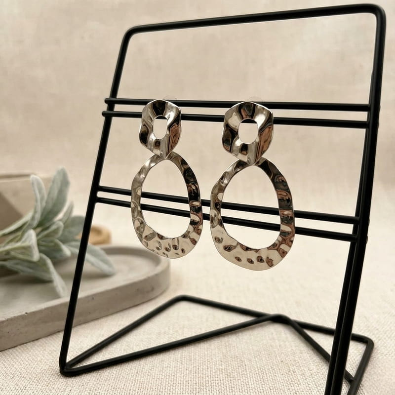 French Vintage Hammered Silver Statement Earrings Abstract Geometric Dangle Drop
