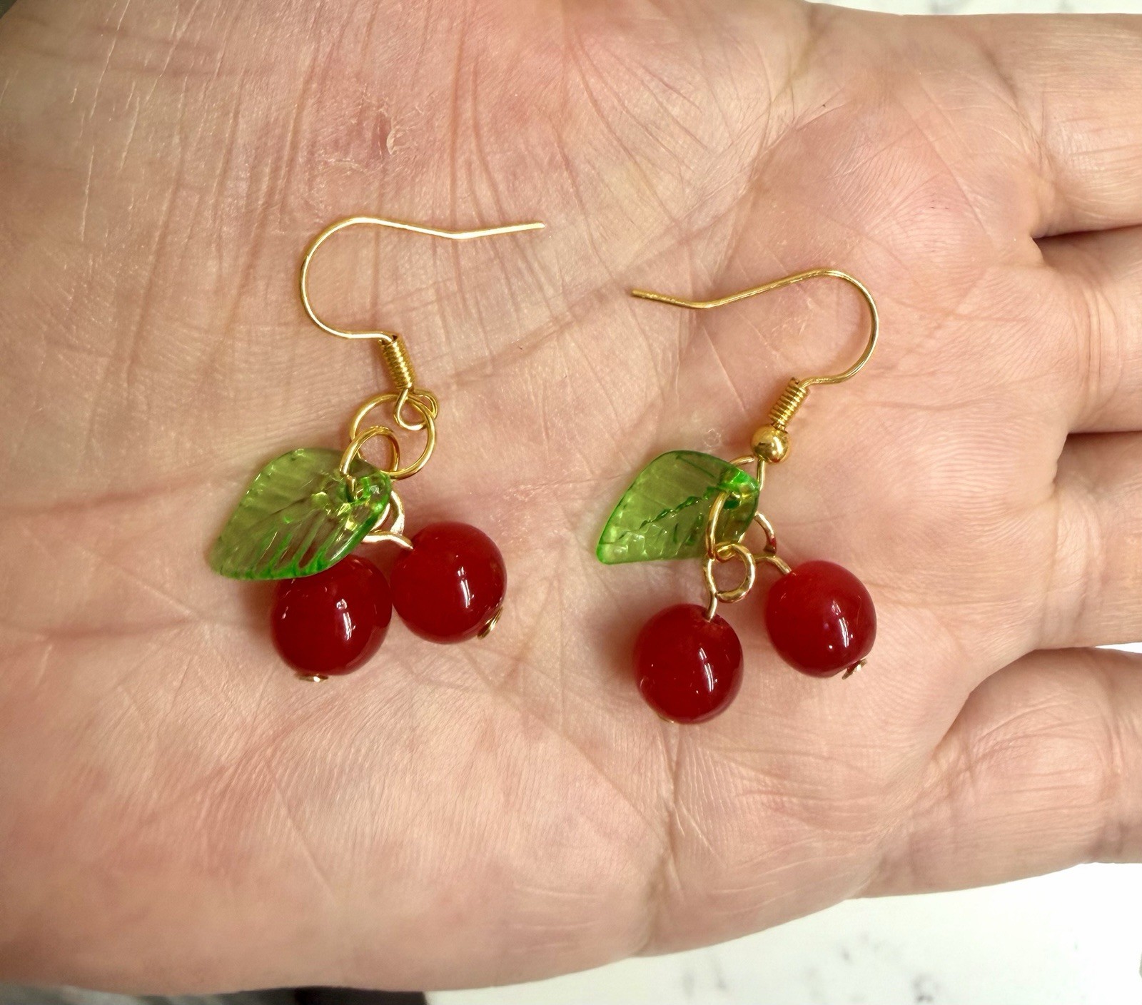 Gold Tone Hook Dangle Drop Earrings Red Cherry Beads Green Leaf No Stone
