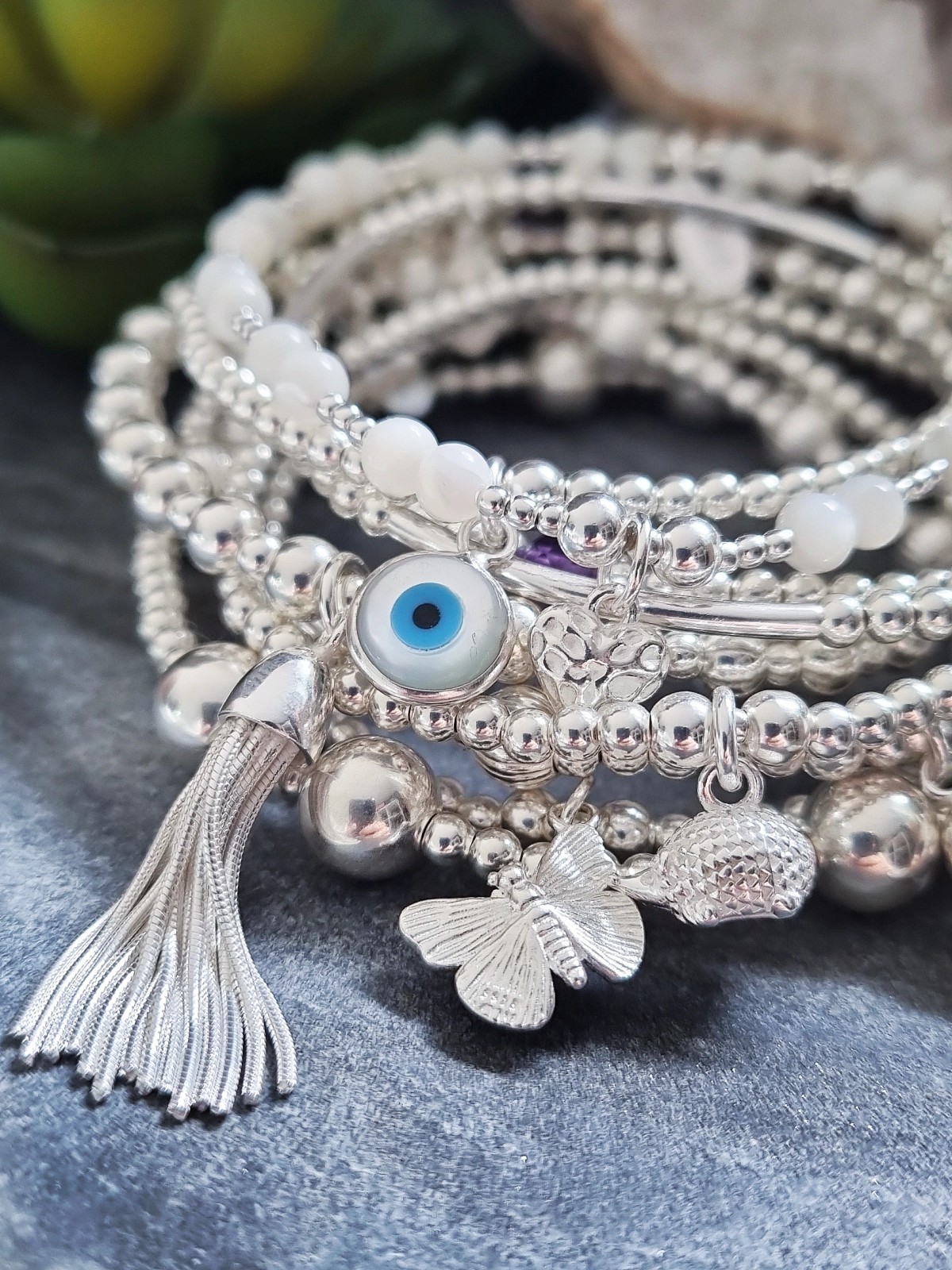 Inka 925 Sterling Silver stretch beaded Stacking Bracelet and Hamsa Hand charm