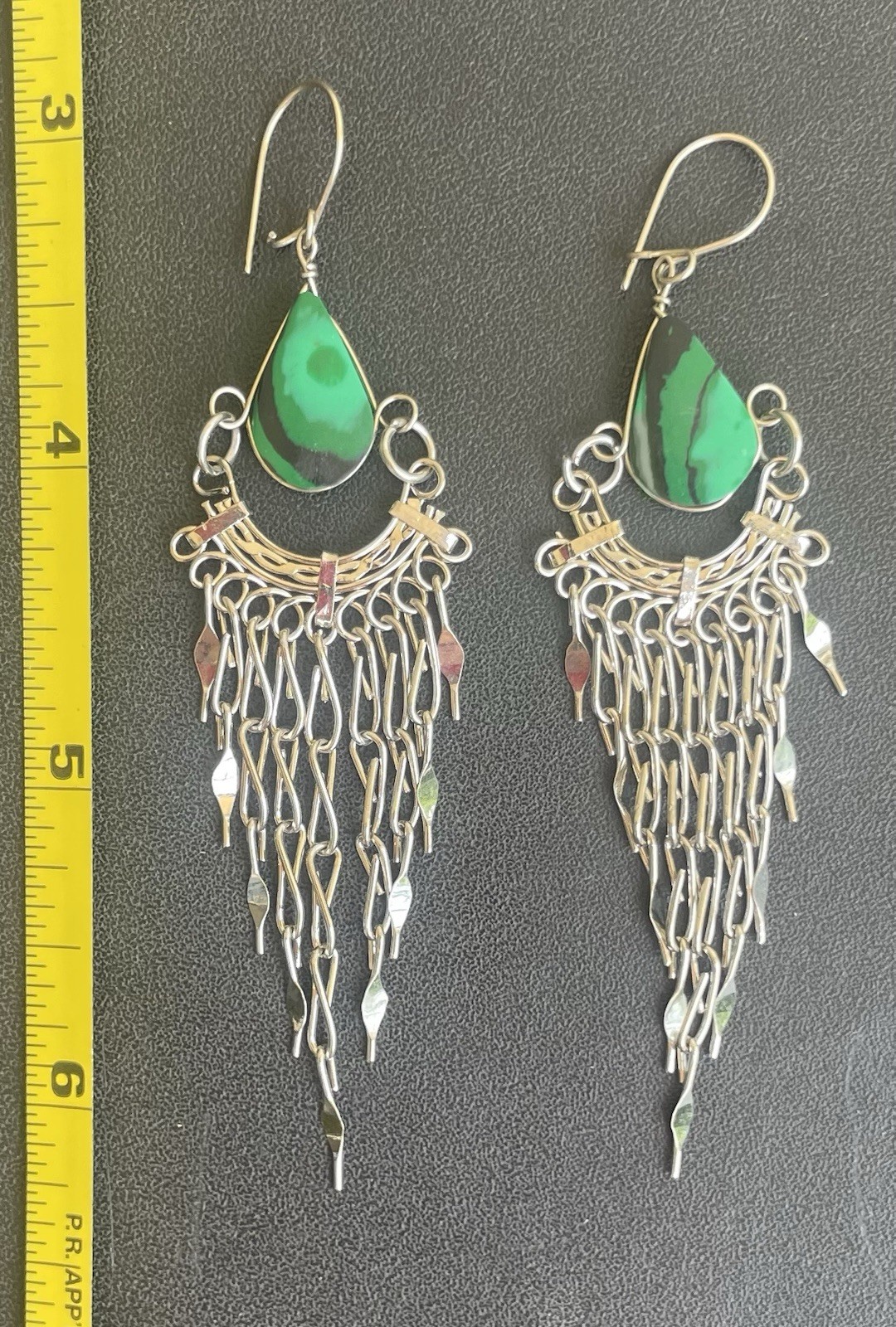 Peruvian Green Malachite Semi-Precious Stone Dangle Earrings Handmade Boho Peru
