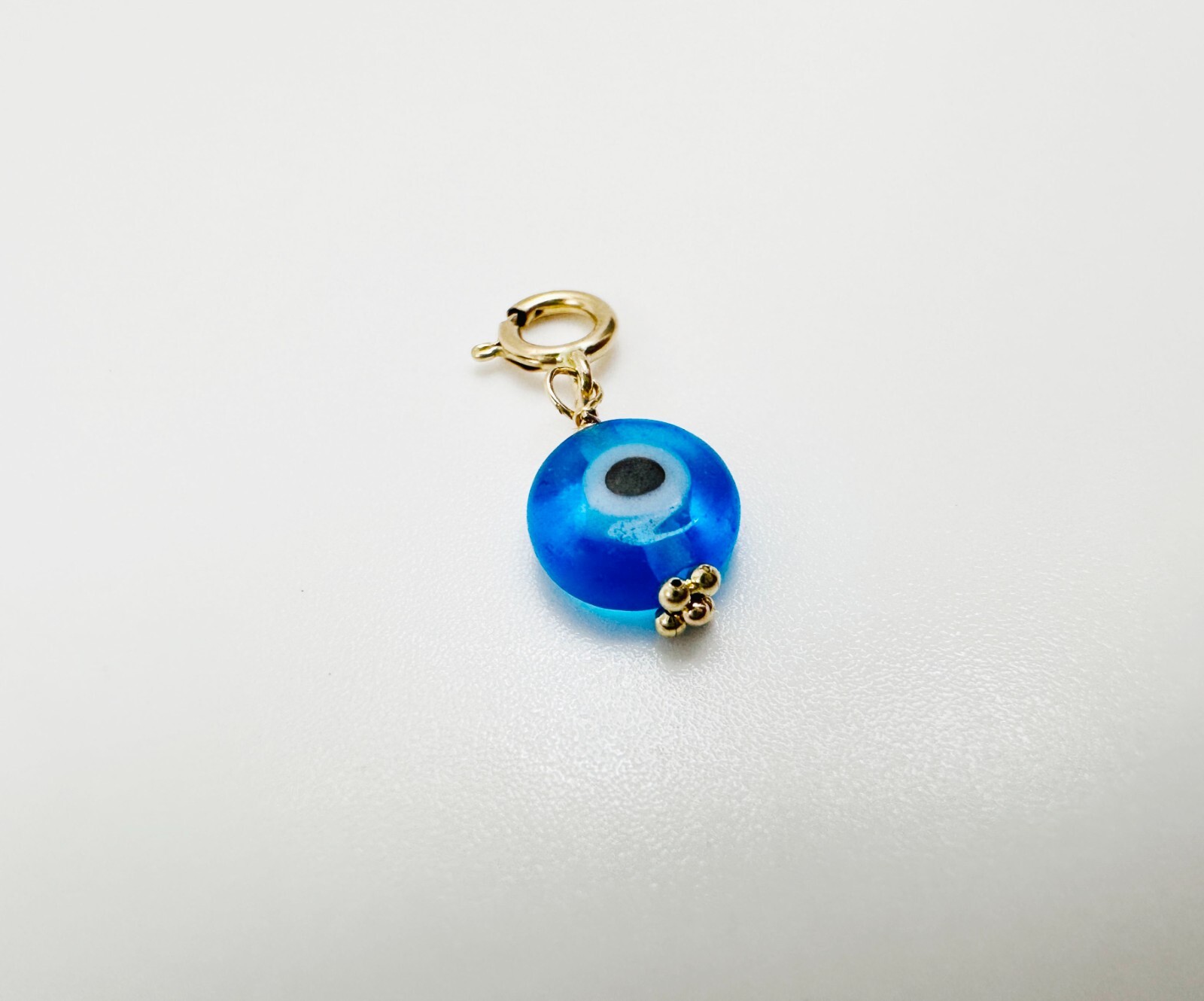 14K Solid Yellow Gold Millefiori Glass Blue Evil Eye Charm Pendant Spring Clasp
