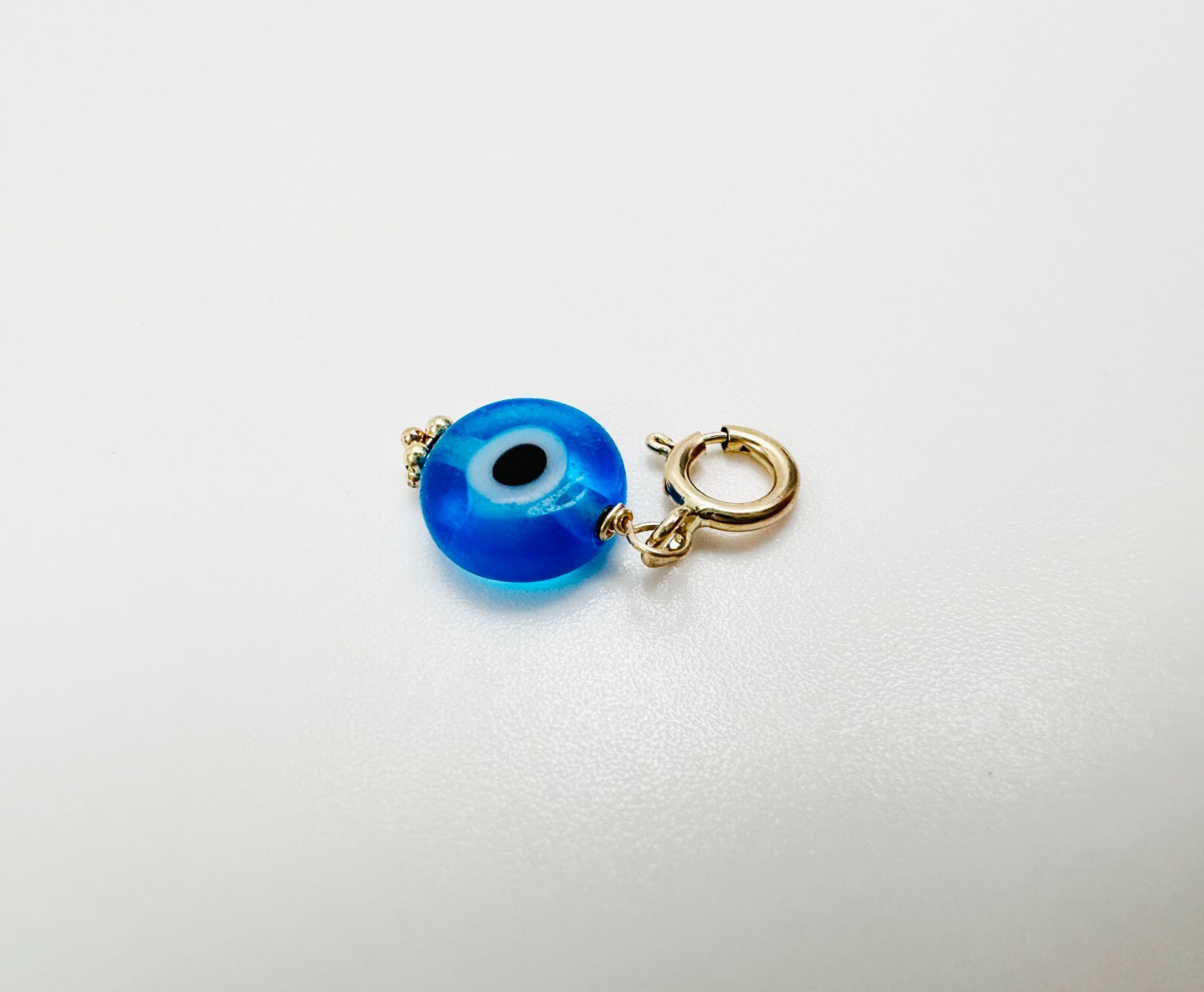 14K Solid Yellow Gold Millefiori Glass Blue Evil Eye Charm Pendant Spring Clasp