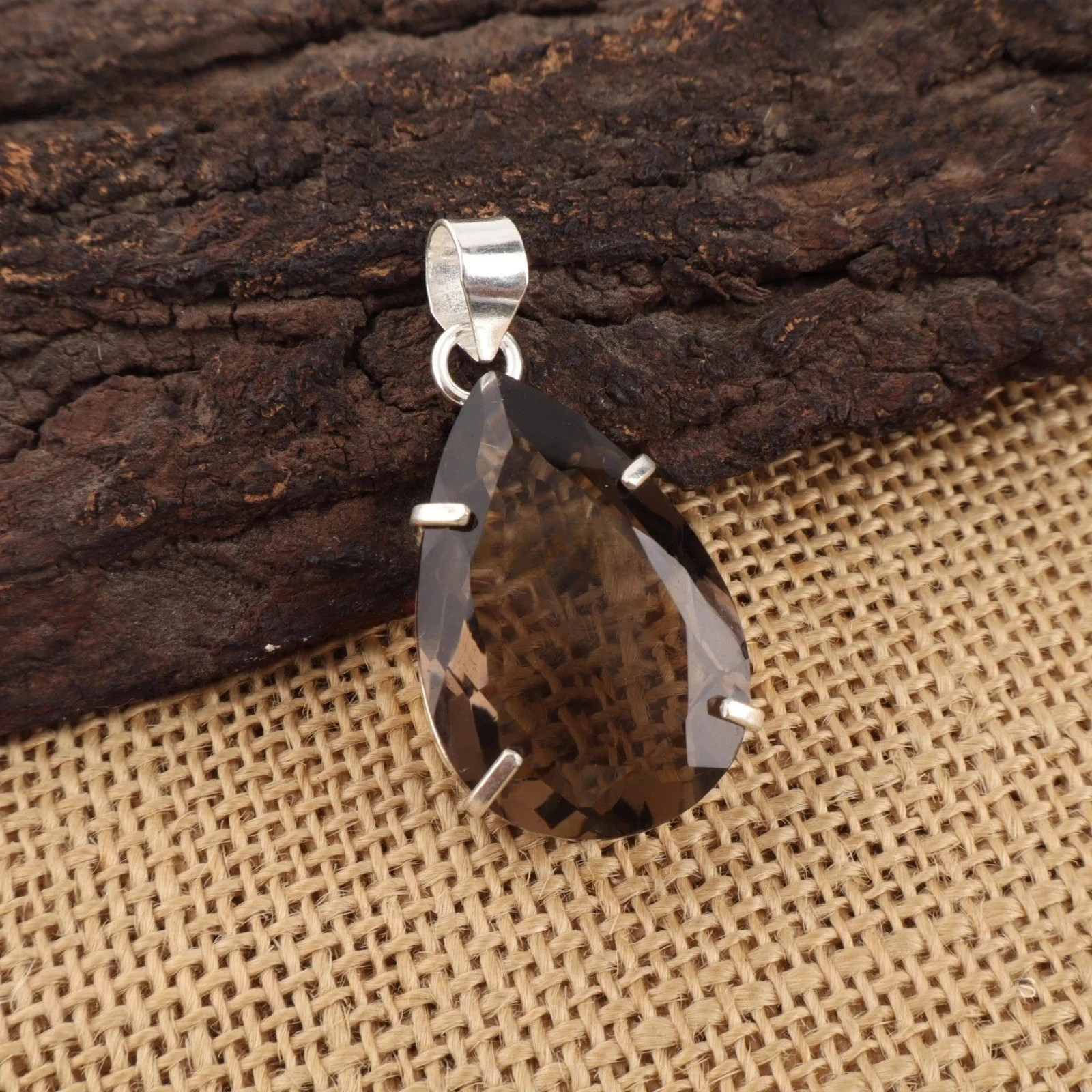 40 Ct Tear Drop Cut Natural Smoky Topaz Sterling Sliver Pendant With SliverChain