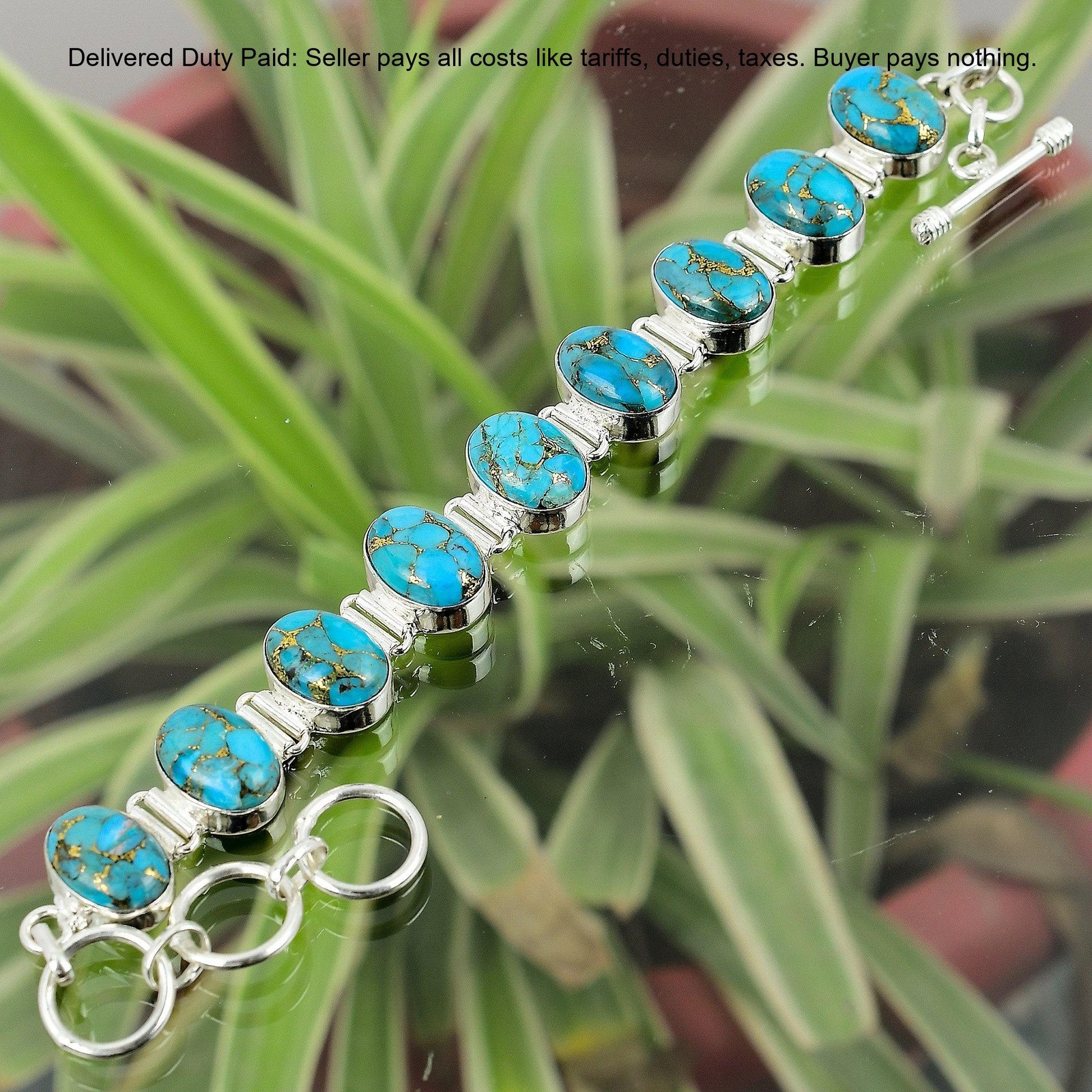Natural Copper Blue Turquoise Unique Chain Bracelet Jewelry 925 Sterling Silver