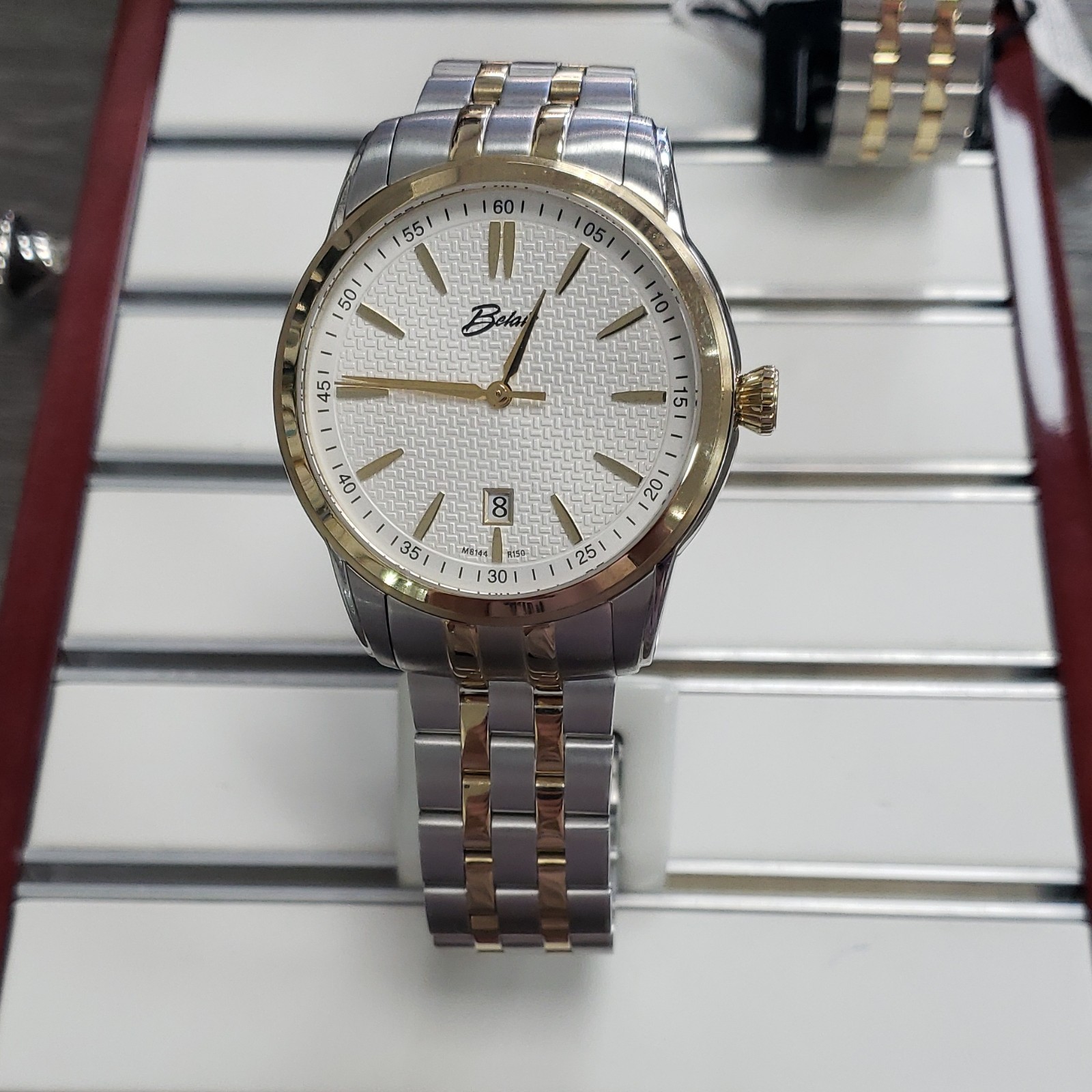 Belair Quartz Analog Wristwatch Two-Tone Stainless Bracelet White Dial Date