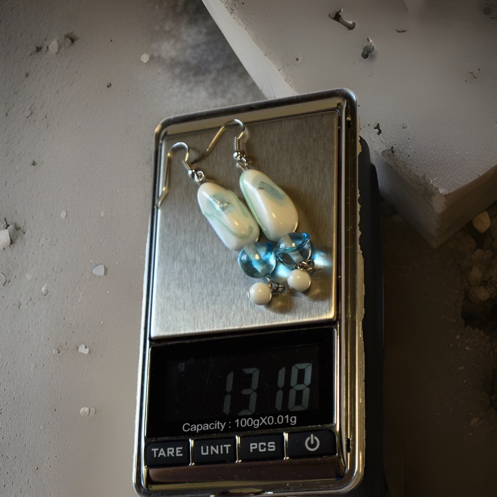 Artisan White Blue Glass Beaded Dangle Drop Earrings Silver Tone Boho Handmade